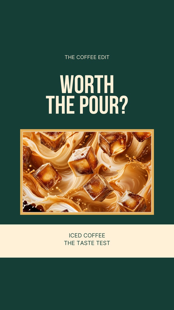 Vertical coffee-themed cover with bold text and an iced coffee image on a dark green background.