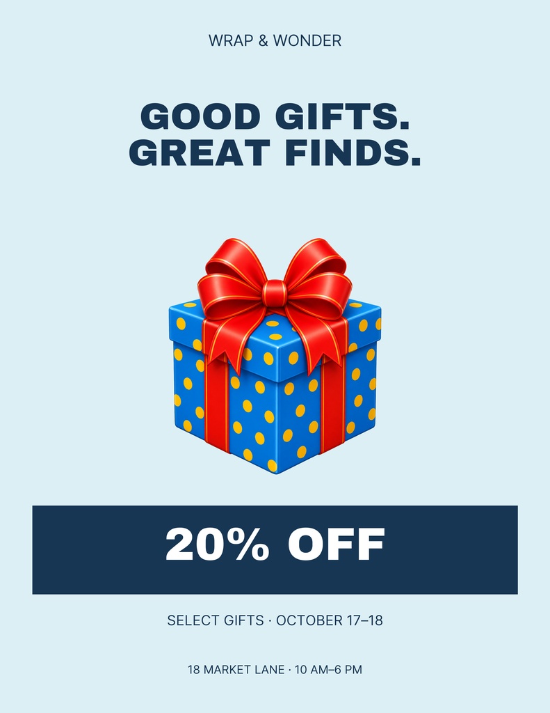 Portrait flyer with a blue gift box, red ribbon, and bold 20% off sale text
