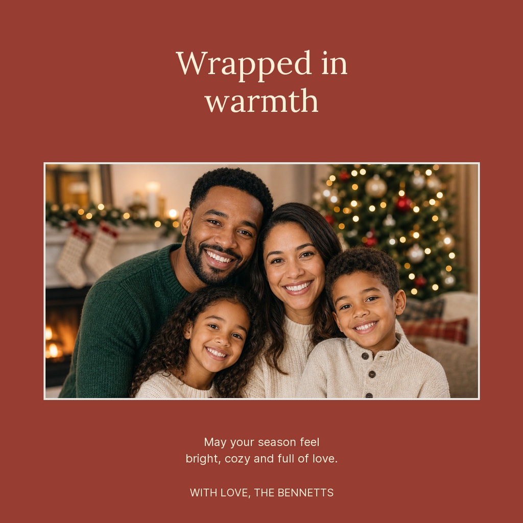 Smiling family portrait framed on a warm red square holiday greeting card