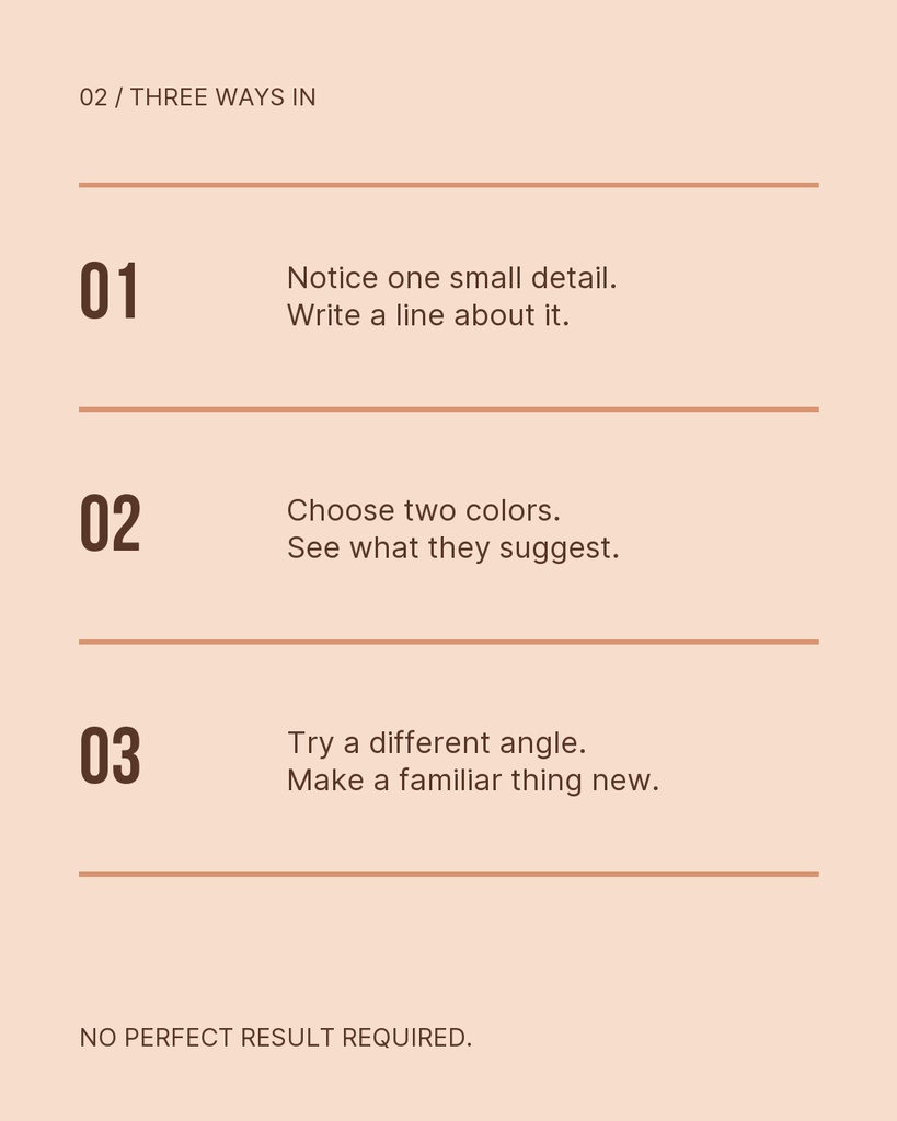 Portrait carousel slide with three numbered creative prompt sections on a peach background.