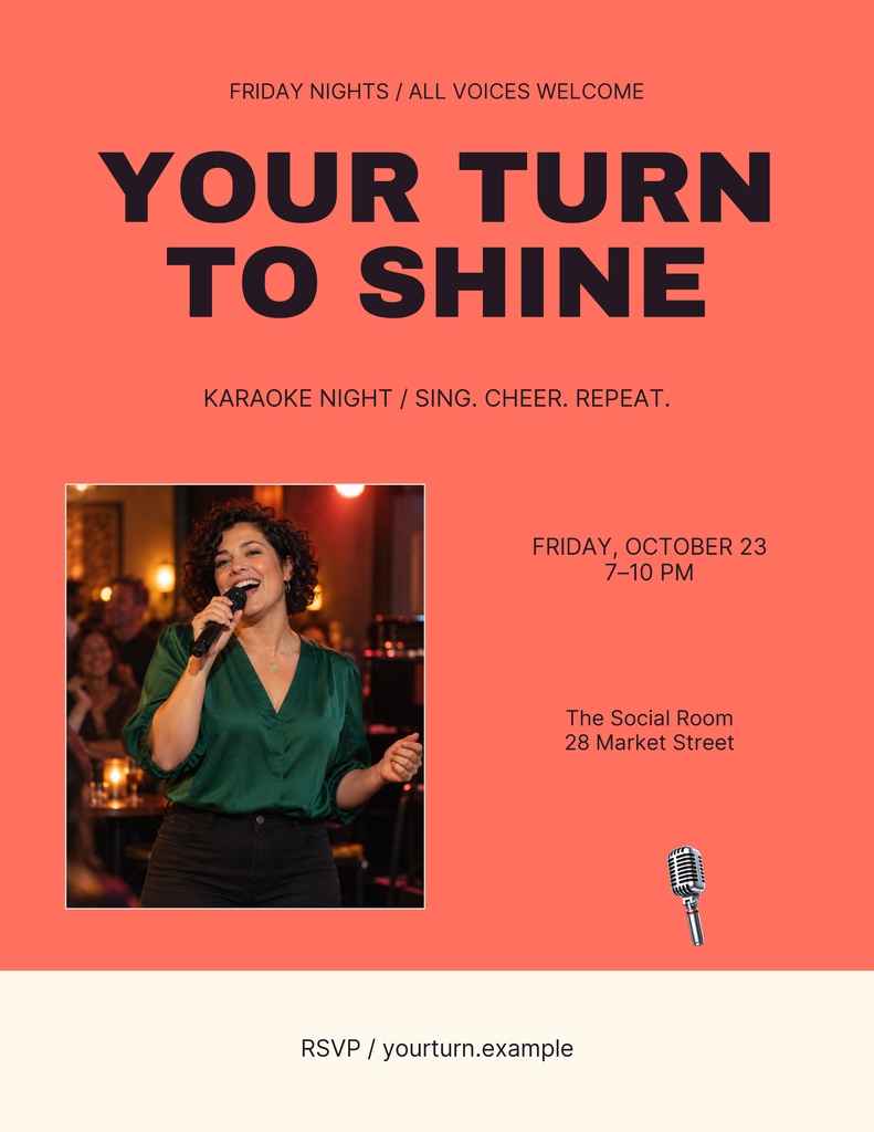 Coral portrait flyer with bold Your Turn text, a singer photo, and karaoke event details.