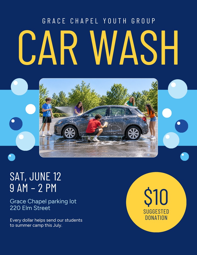 Portrait flyer with church youth group car wash details, photo, date, time, and donation amount.