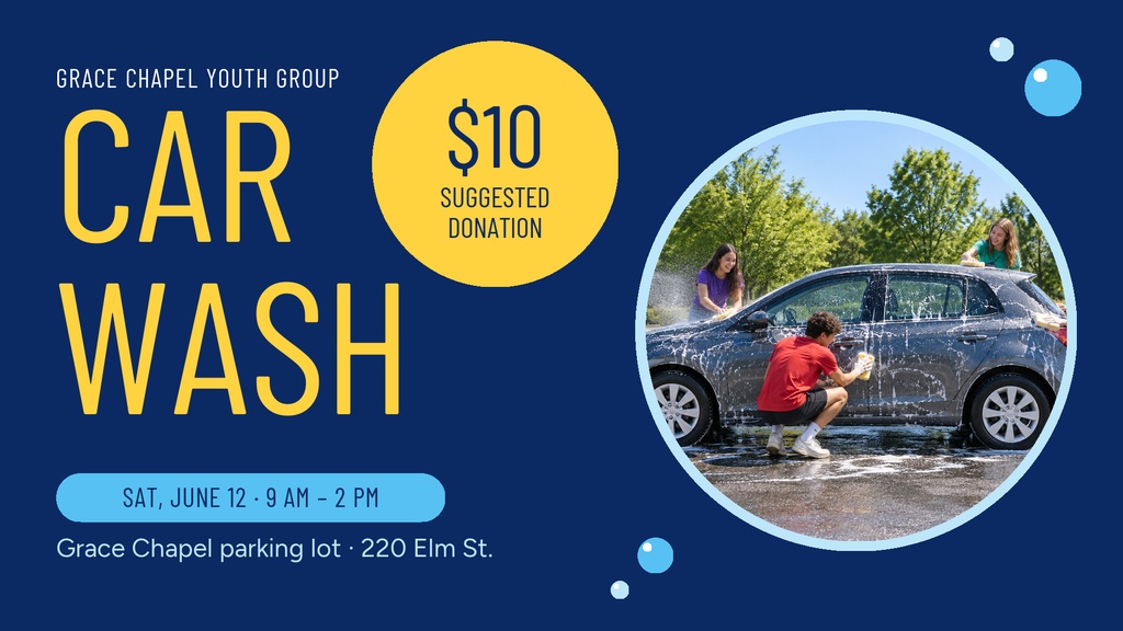 Blue landscape flyer for a youth group car wash fundraiser with donation amount and car wash photo.