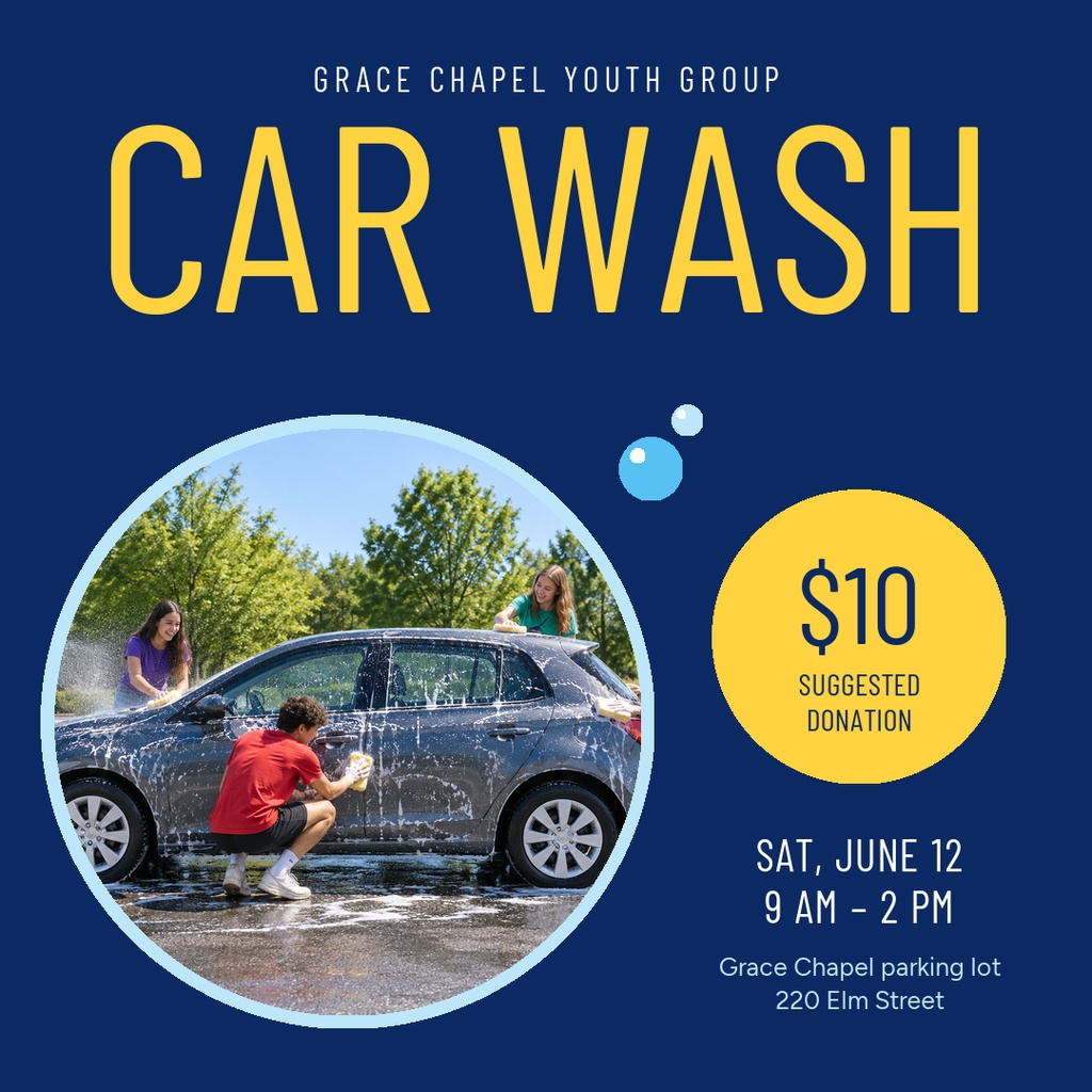 Square car wash fundraiser flyer with a washing scene, donation circle, and event details.